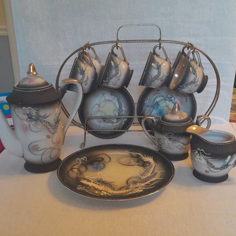 RARE Antique Moriage Dragonware Tea Set with (possibly) Geisha Lithophane